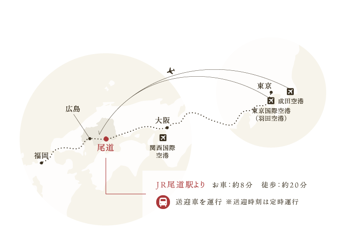 交通マップ JR尾道駅よりお車：約8分　徒歩：約20分